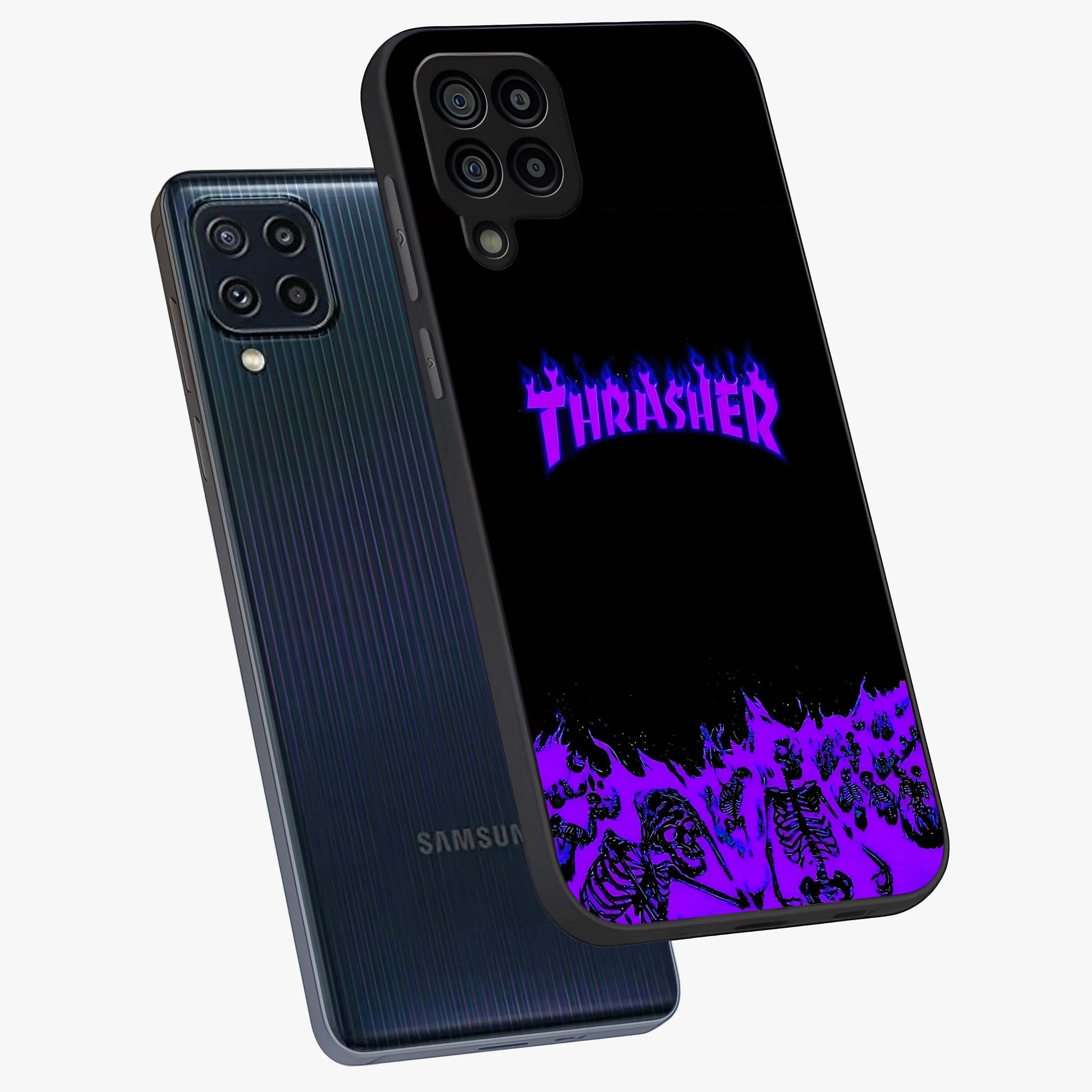 Neon Flame Riot Glass Case displayed in angled mockup highlighting glowing flame design with vibrant neon aesthetic.