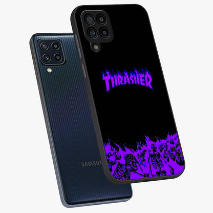 Neon Flame Riot Glass Case displayed in angled mockup highlighting glowing flame design with vibrant neon aesthetic.