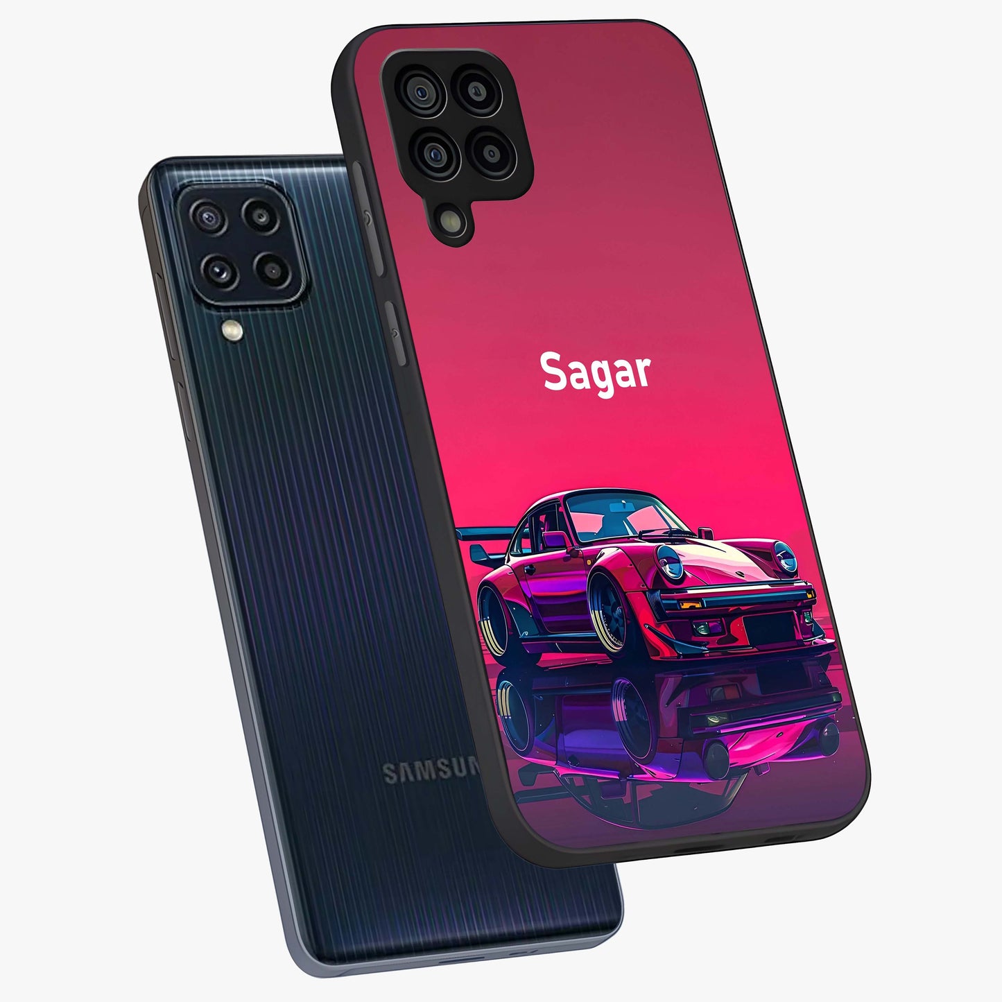 Neon Pink Porsche Glass Case displayed in angled mockup highlighting sleek neon pink car design with racing aesthetic.