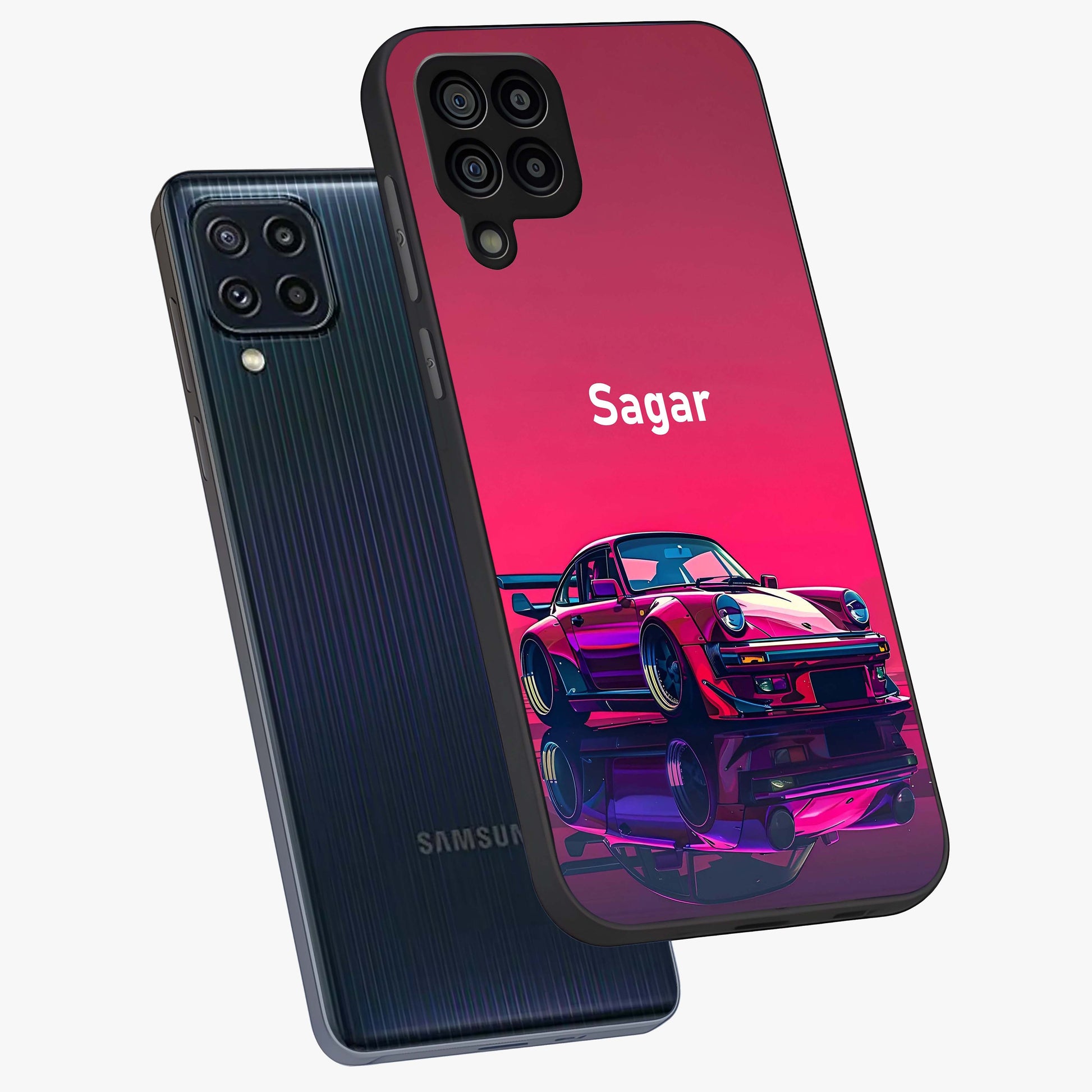 Neon Pink Porsche Glass Case displayed in angled mockup highlighting sleek neon pink car design with racing aesthetic.