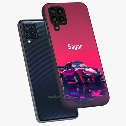 Neon Pink Porsche Glass Case displayed in angled mockup highlighting sleek neon pink car design with racing aesthetic.