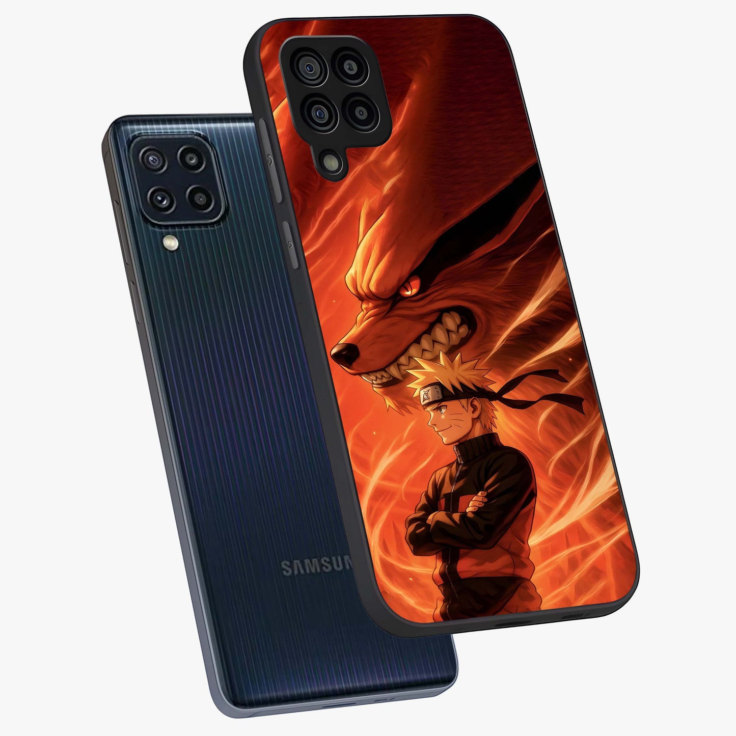Nine Tails Legacy Glass Case displayed in angled mockup highlighting dynamic anime beast illustration with bold mystical aesthetic.
