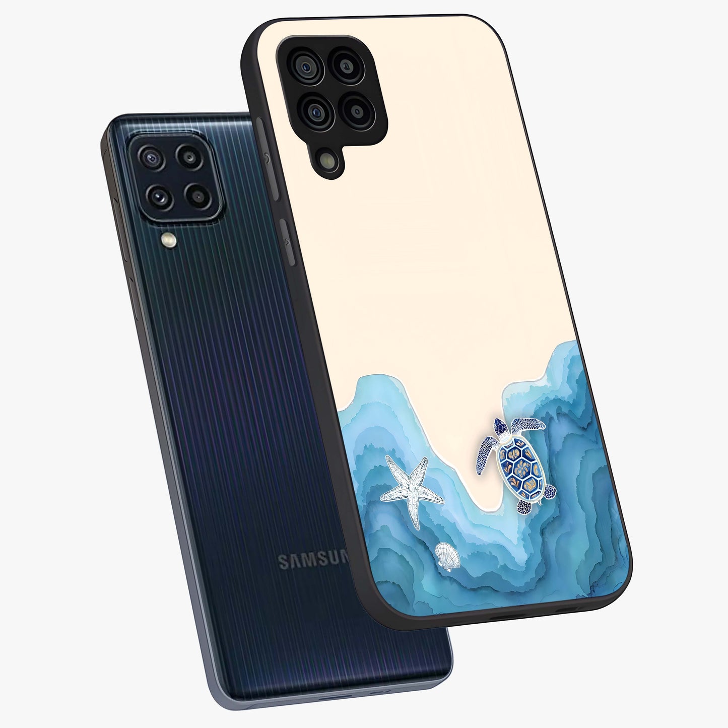 Ocean Drift Turtle Glass Case displayed in angled mockup highlighting peaceful ocean turtle illustration with marine aesthetic.