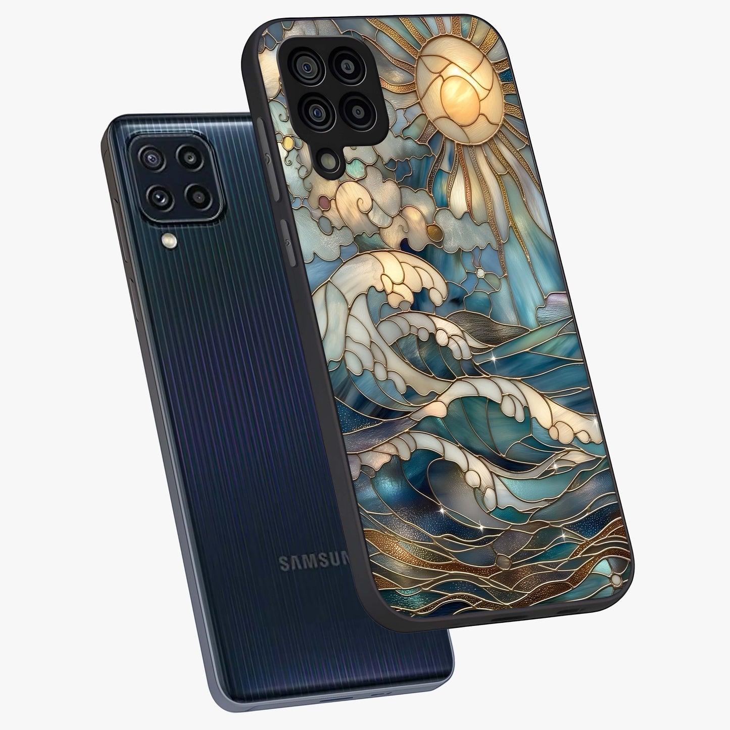 Oceanic Stained Printed Glass Case displayed in angled mockup highlighting colorful aquatic design with artistic aesthetic style.
