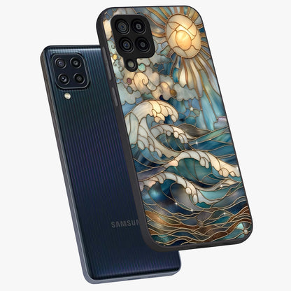 Oceanic Stained Printed Glass Case displayed in angled mockup highlighting colorful aquatic design with artistic aesthetic style.