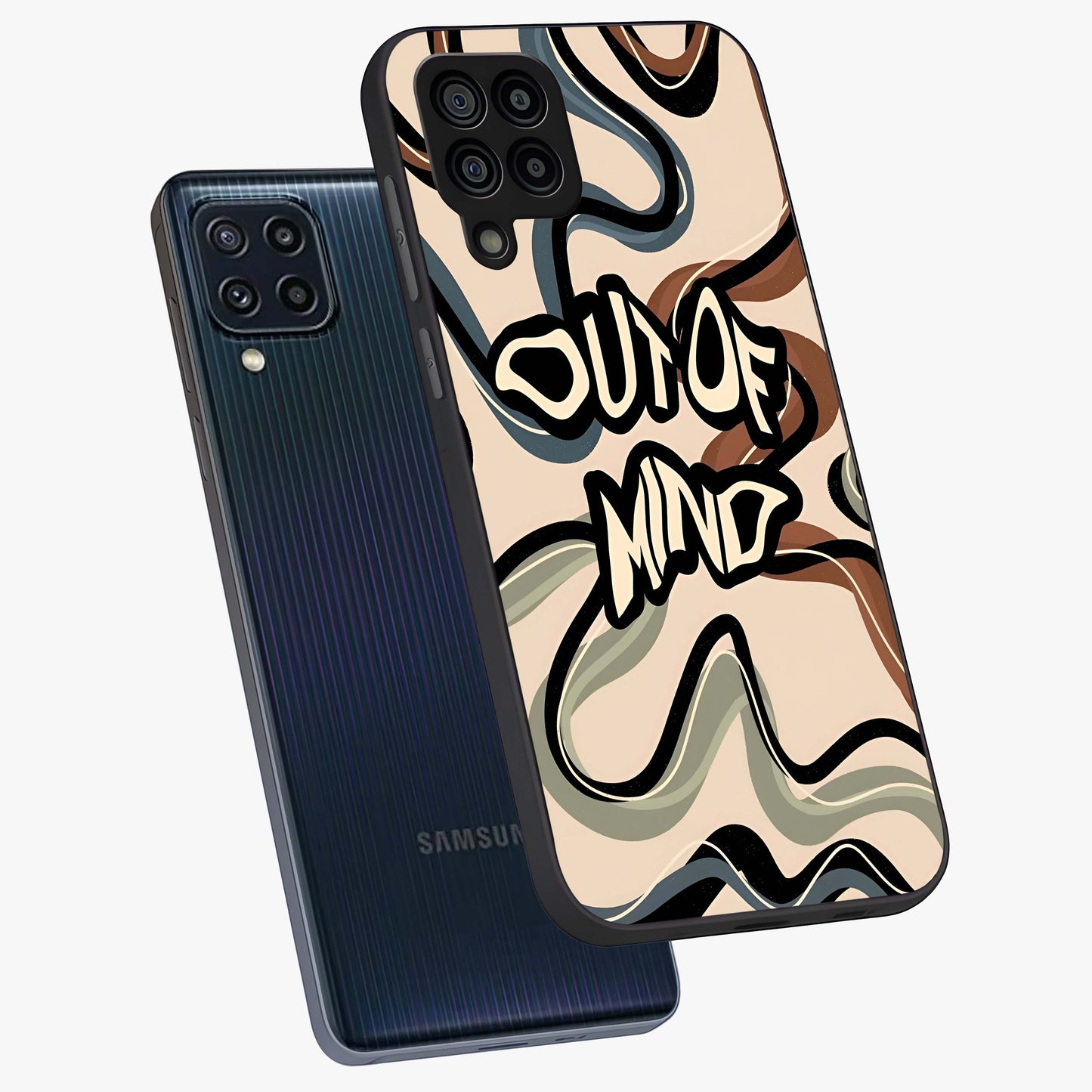 Out Of Mind Glass Case displayed in angled mockup highlighting bold statement design with modern artistic aesthetic.