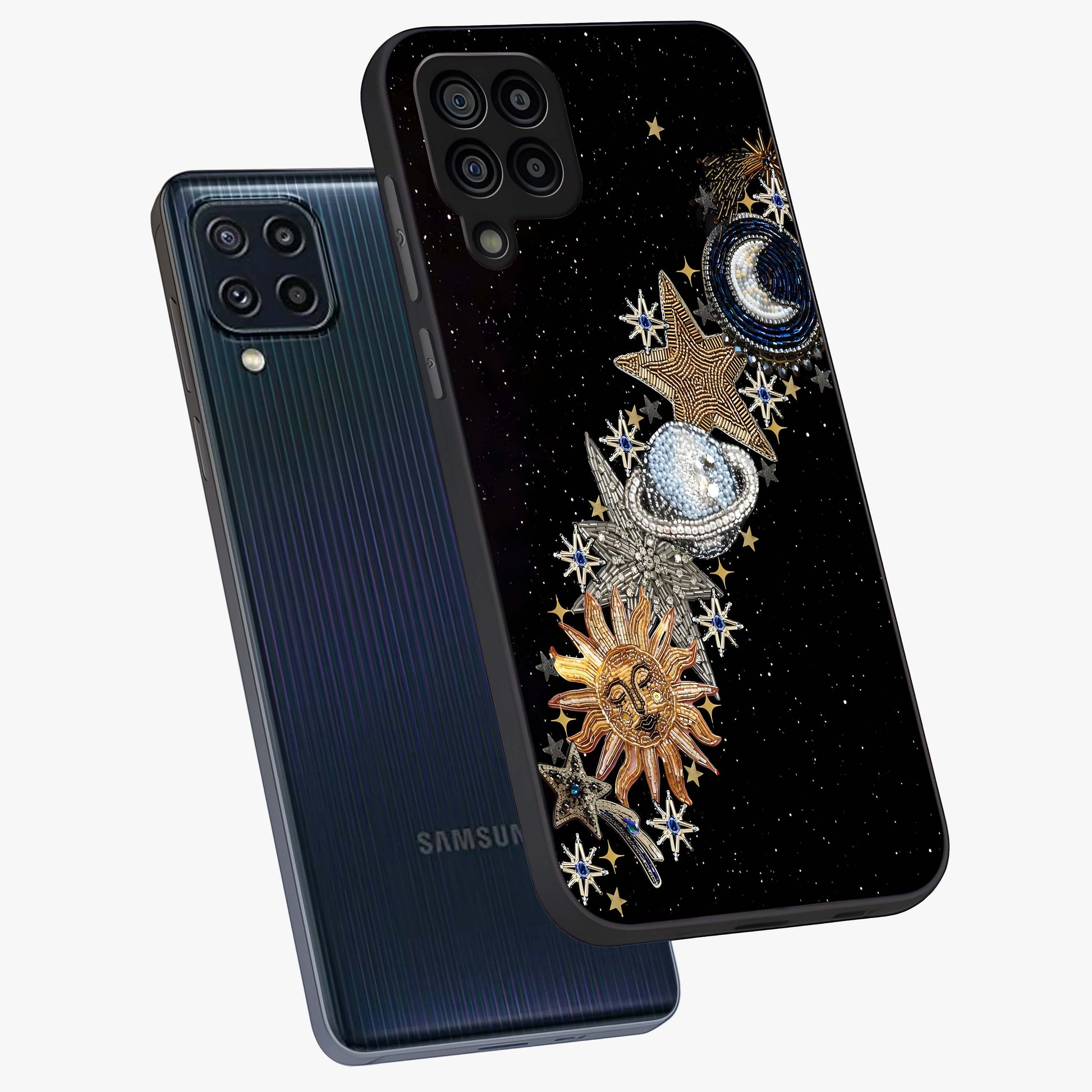 Pearls Universe Object Glass Case displayed in angled mockup highlighting celestial pearl design with dreamy aesthetic.
