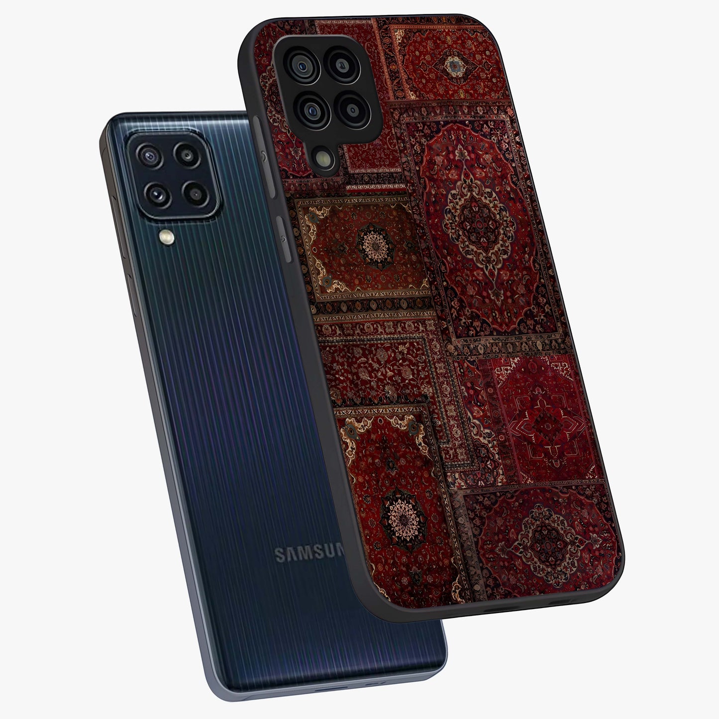 Persian Velvet Tale Glass Case displayed in angled mockup highlighting ornate textile inspired design with royal aesthetic.