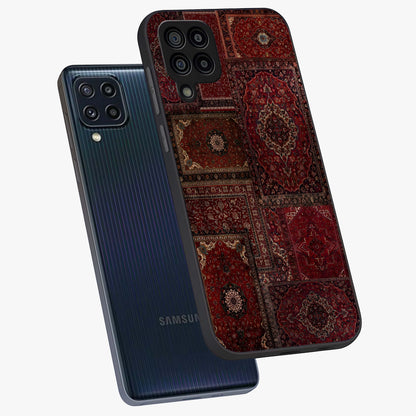 Persian Velvet Tale Glass Case displayed in angled mockup highlighting ornate textile inspired design with royal aesthetic.