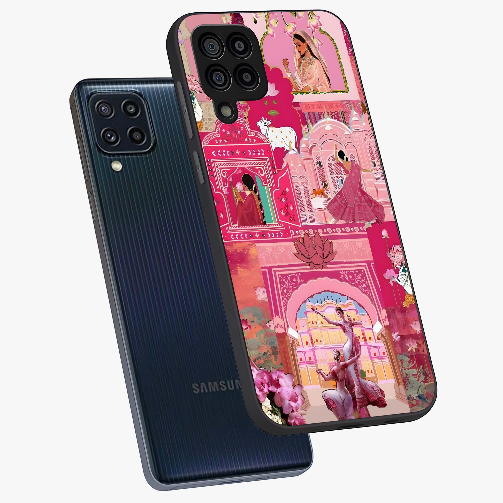 Pink Palace Muse Glass Case displayed in angled mockup highlighting dreamy palace illustration with soft pink aesthetic.