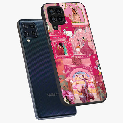 Pink Palace Muse Glass Case displayed in angled mockup highlighting dreamy palace illustration with soft pink aesthetic.