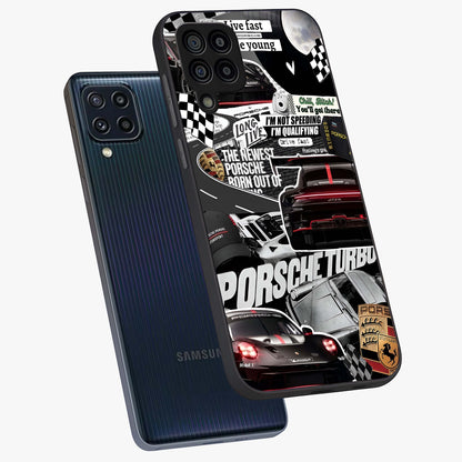 Porsche Racing Collage Glass Case displayed in angled mockup highlighting dynamic automotive design with bold racing aesthetic.
