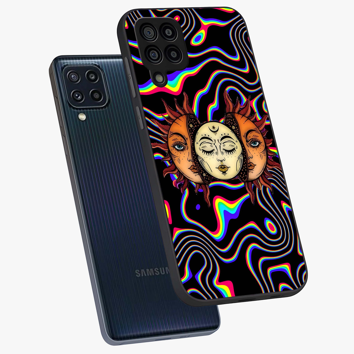 Psychedelic Sun Glass Case displayed in angled mockup highlighting vibrant abstract sun design with artistic aesthetic style.