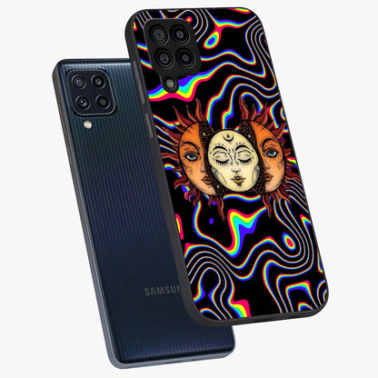 Psychedelic Sun Glass Case displayed in angled mockup highlighting vibrant abstract sun design with artistic aesthetic style.