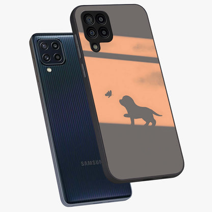 Puppy Shadow Art Glass Case displayed in angled mockup highlighting playful dog illustration with artistic shadow aesthetic.