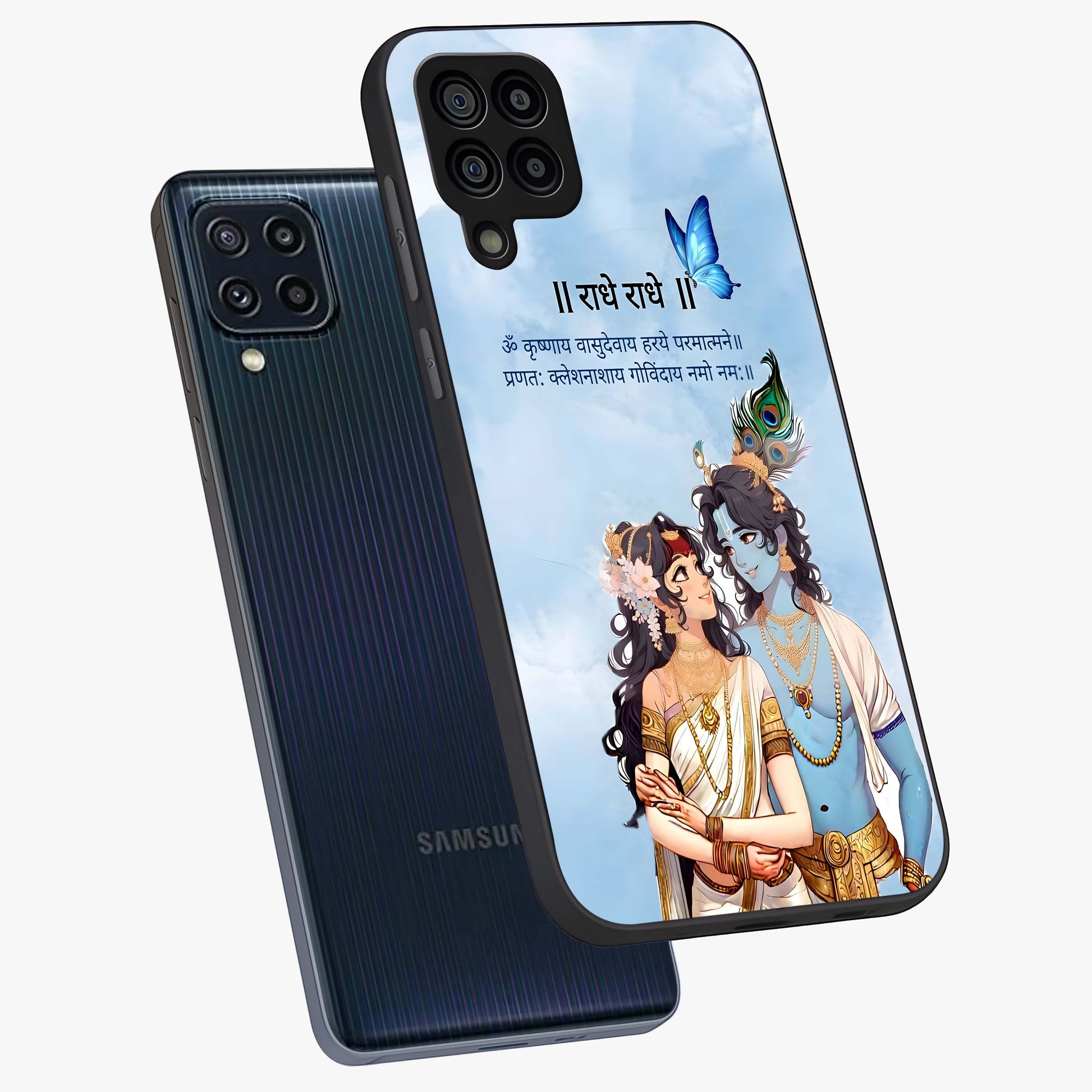Radha Krishna Eternal Glass Case displayed in angled mockup highlighting divine Radha Krishna illustration with spiritual aesthetic.