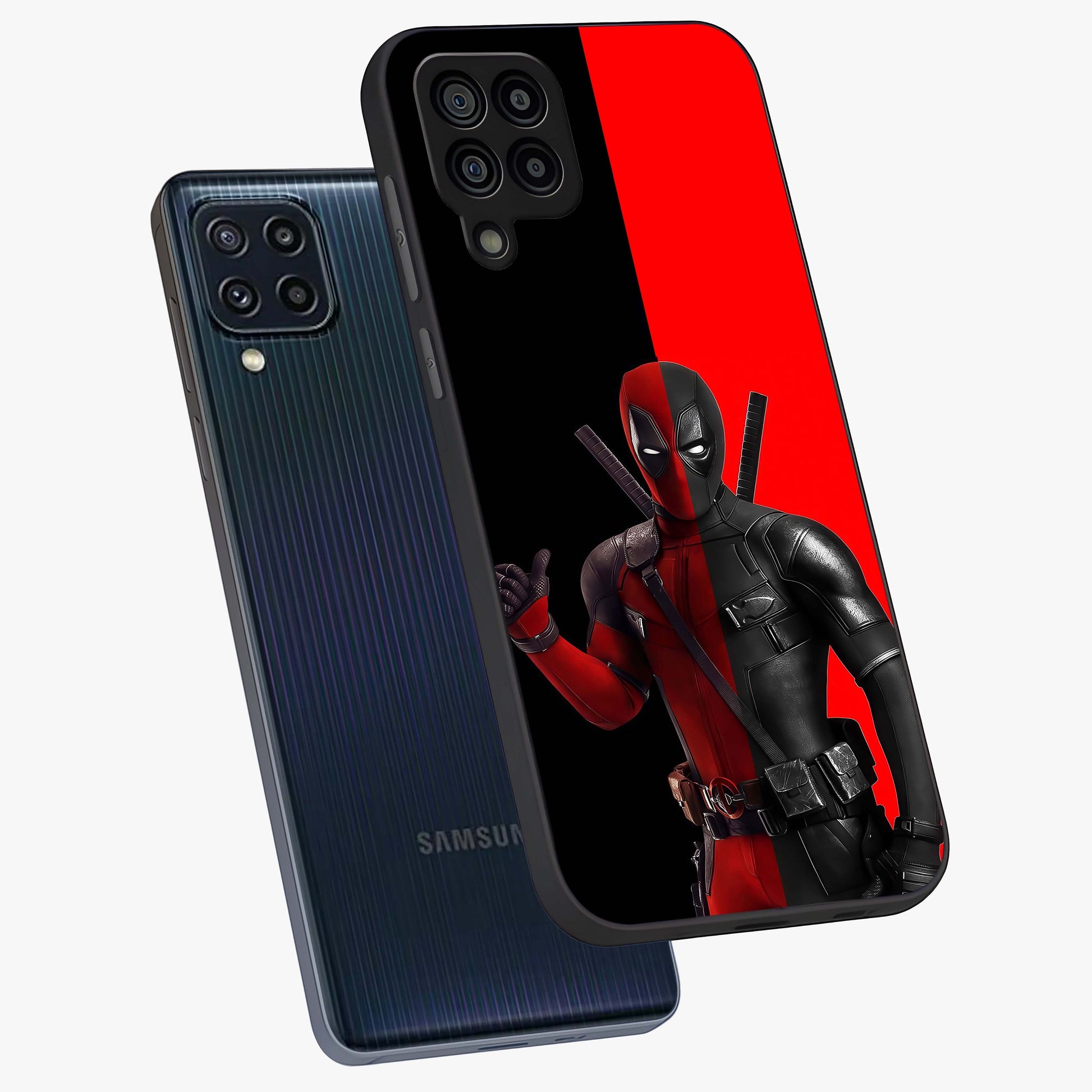 Red & Black Deadpool Theme Glass Case displayed in angled mockup highlighting vibrant superhero style illustration with action aesthetic.