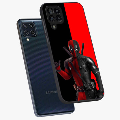 Red & Black Deadpool Theme Glass Case displayed in angled mockup highlighting vibrant superhero style illustration with action aesthetic.