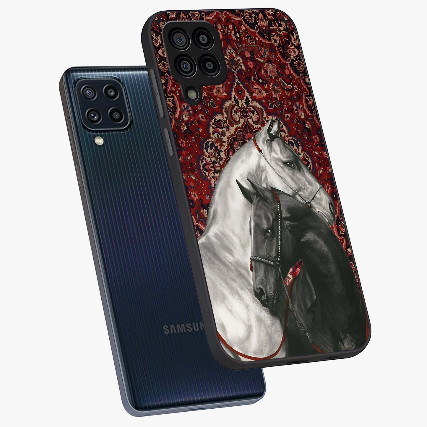 Regal Stallion Tapestry Glass Case displayed in angled mockup highlighting royal stallion design with decorative heritage aesthetic.