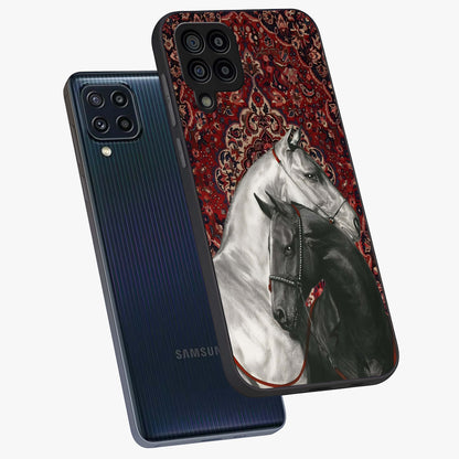 Regal Stallion Tapestry Glass Case displayed in angled mockup highlighting royal stallion design with decorative heritage aesthetic.