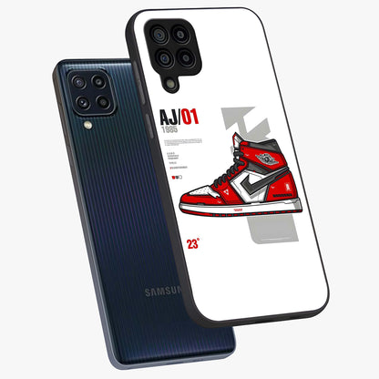 Retro Sneaker Blueprint Glass Case displayed in angled mockup highlighting detailed shoe design with sporty retro aesthetic.