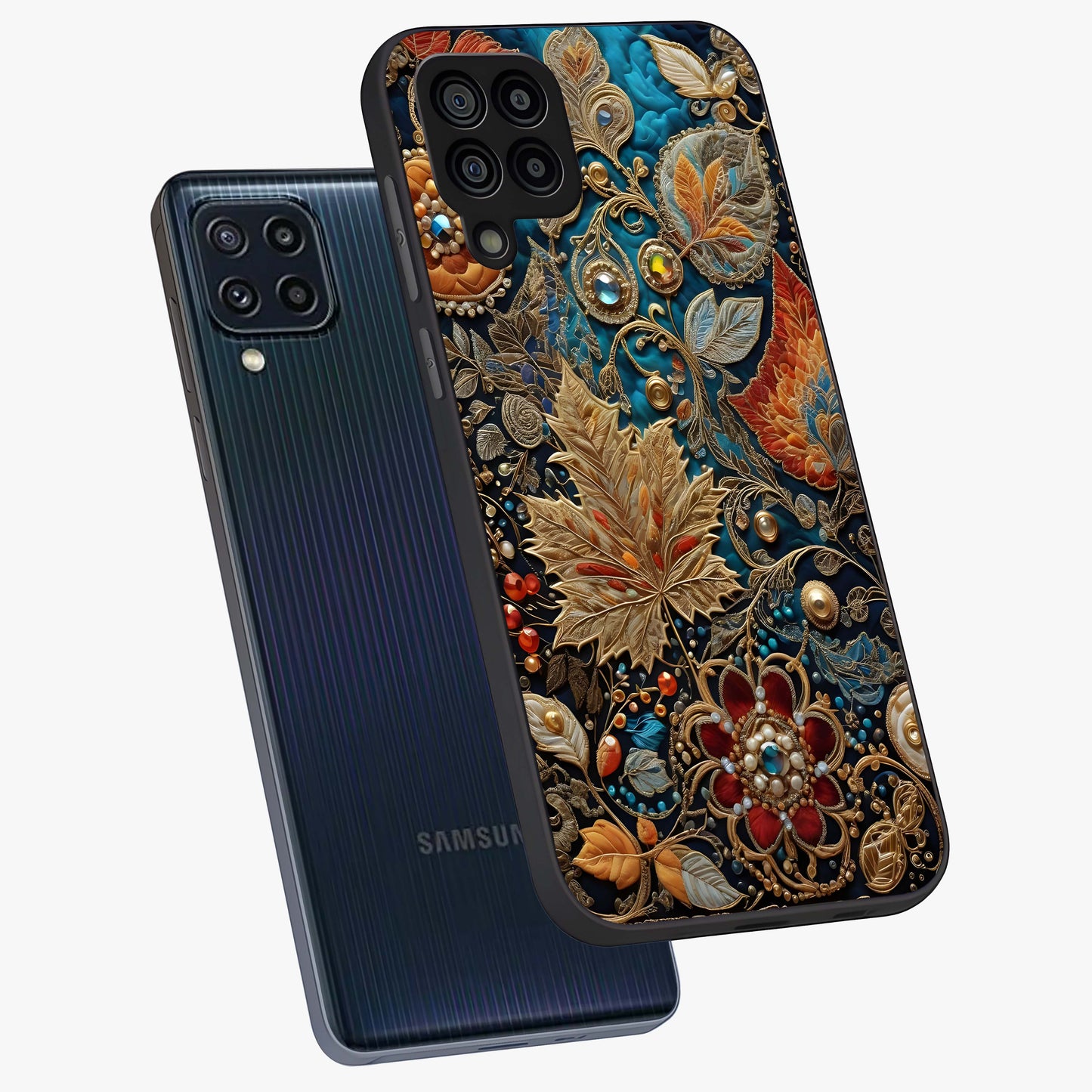Royal Jewel Garden Glass Case displayed in angled mockup highlighting vibrant jewel inspired floral design with elegant aesthetic.