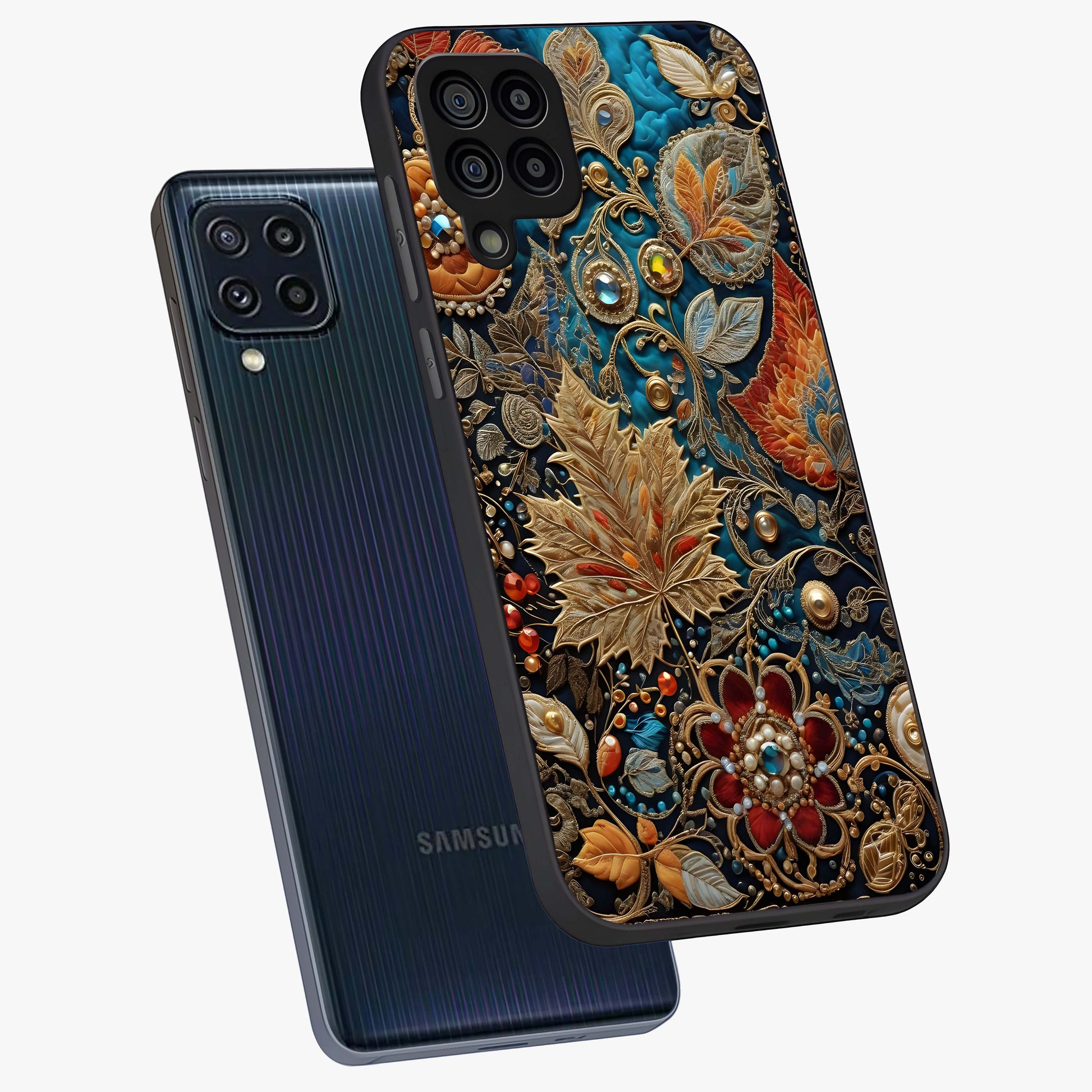 Royal Jewel Garden Glass Case displayed in angled mockup highlighting vibrant jewel inspired floral design with elegant aesthetic.