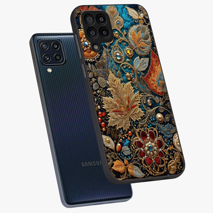 Royal Jewel Garden Glass Case displayed in angled mockup highlighting vibrant jewel inspired floral design with elegant aesthetic.
