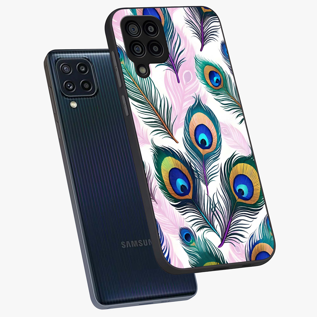 Royal Peacock Feathers Glass Case displayed in angled mockup highlighting vibrant feather pattern with regal aesthetic style.