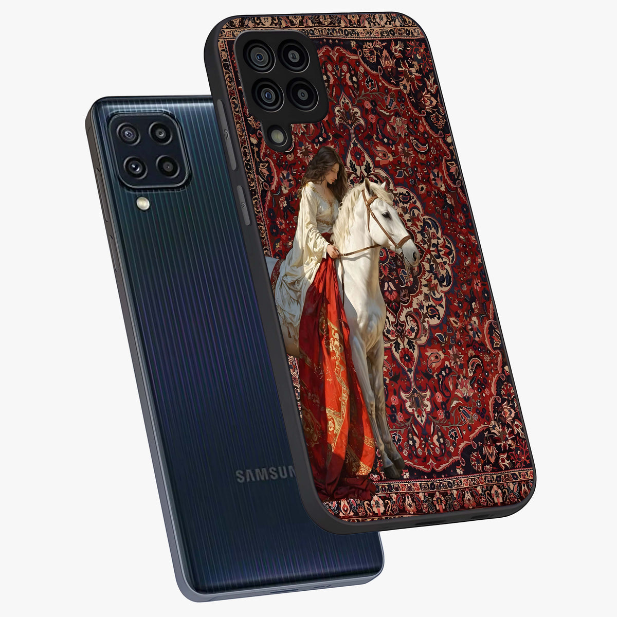 Royal Rider Tapestry Glass Case displayed in angled mockup highlighting traditional tapestry design with royal heritage aesthetic.