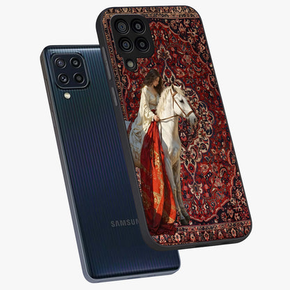 Royal Rider Tapestry Glass Case displayed in angled mockup highlighting traditional tapestry design with royal heritage aesthetic.