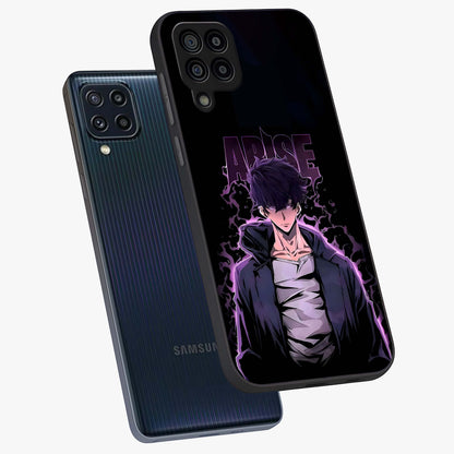 Shadow Monarch Awakening Glass Case displayed in angled mockup highlighting dramatic shadow warrior design with fantasy aesthetic.