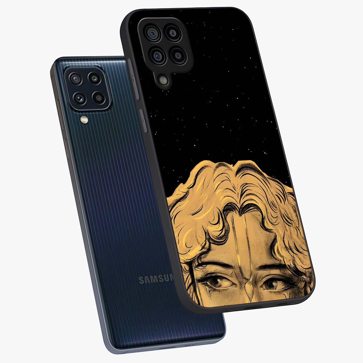 Shri Krishna Art Glass Case displayed in angled mockup highlighting spiritual Krishna illustration with divine aesthetic.