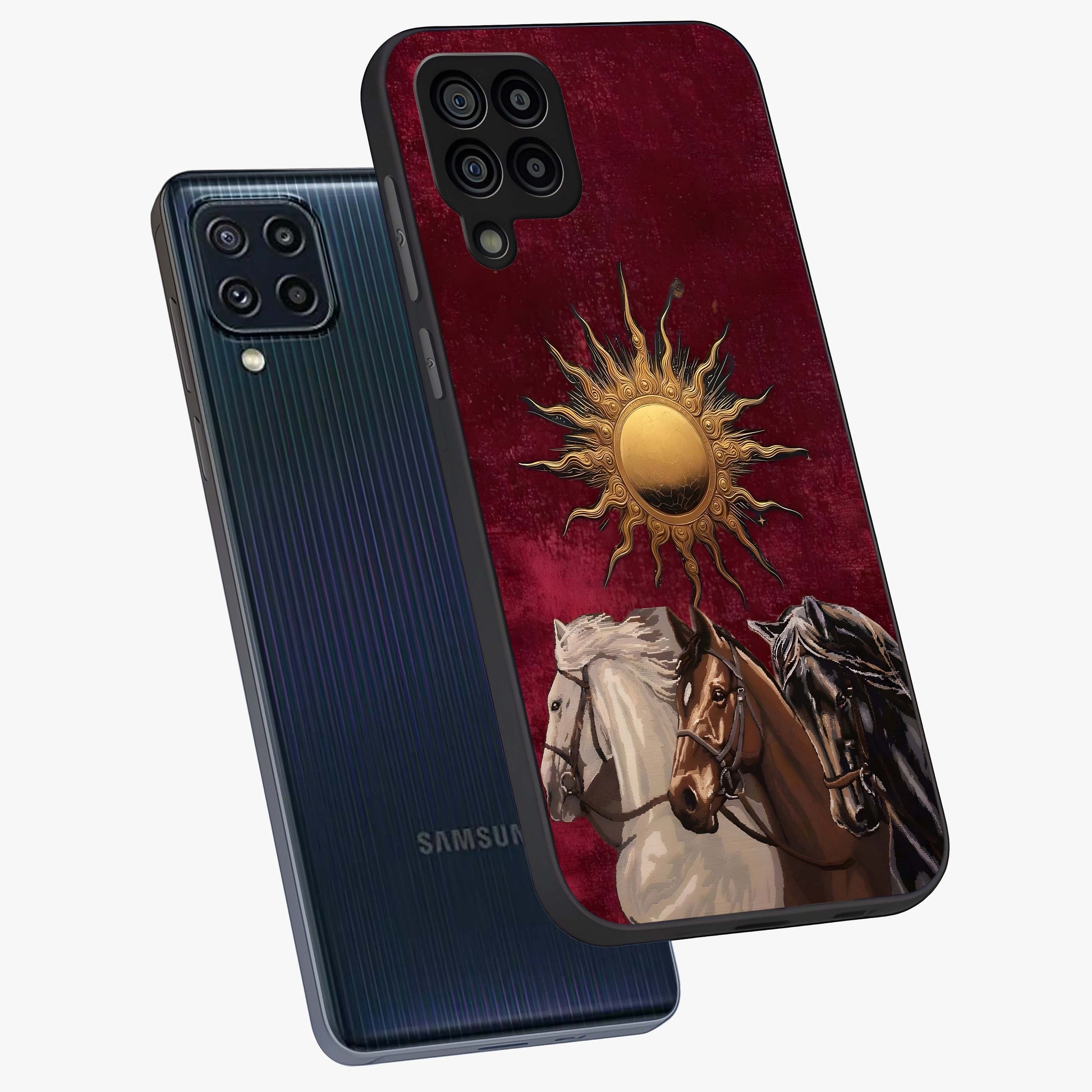 Solar Riders Glass Case displayed in angled mockup highlighting powerful rider illustration with radiant solar aesthetic.