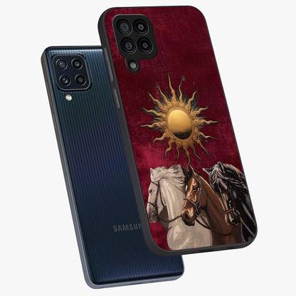 Solar Riders Glass Case displayed in angled mockup highlighting powerful rider illustration with radiant solar aesthetic.