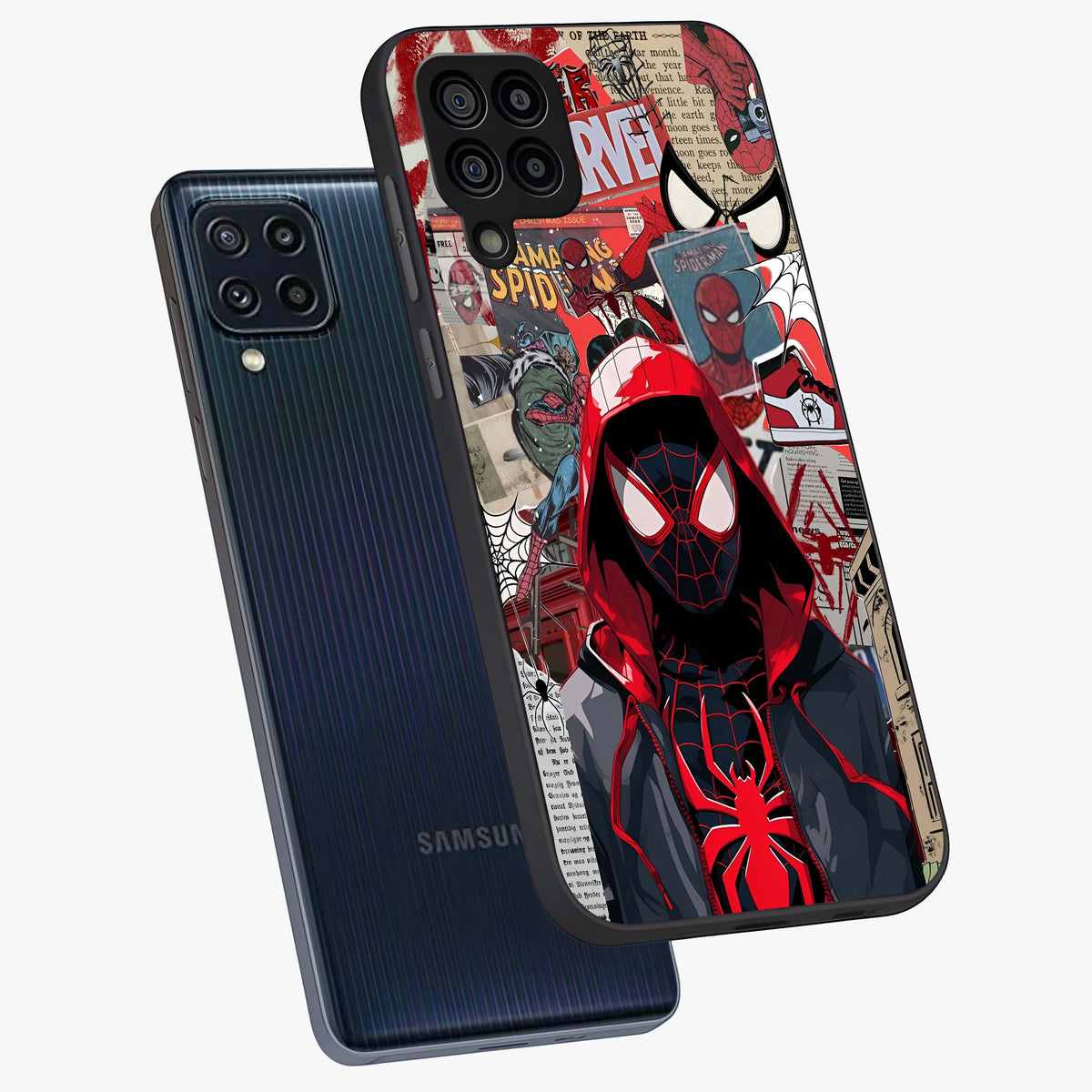 Spider Collage Street Glass Case displayed in angled mockup highlighting dynamic street style collage design with comic aesthetic.