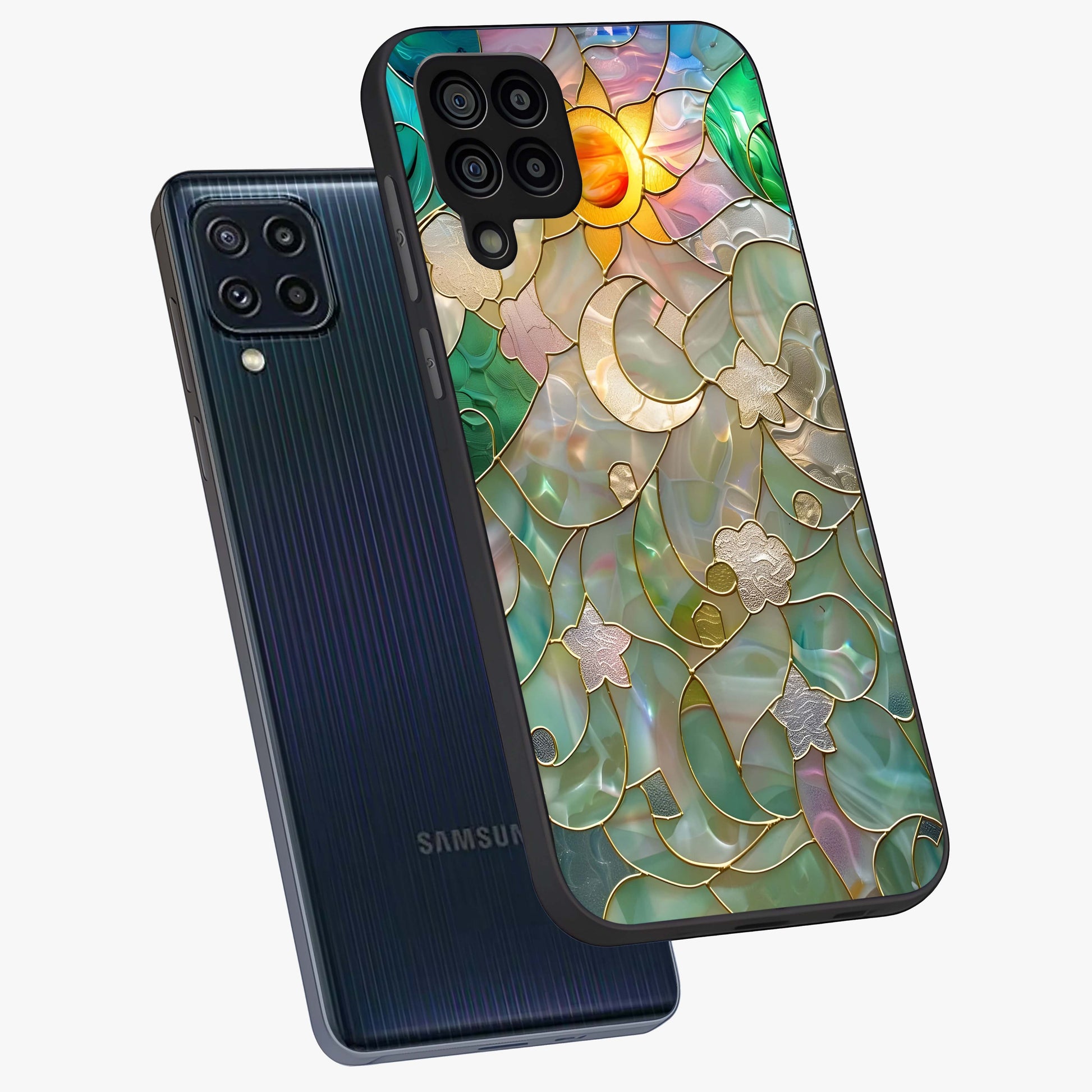 Stained Sunrise Glow Glass Case displayed in angled mockup highlighting radiant sunrise design with artistic aesthetic style.