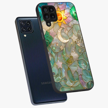 Stained Sunrise Glow Glass Case displayed in angled mockup highlighting radiant sunrise design with artistic aesthetic style.