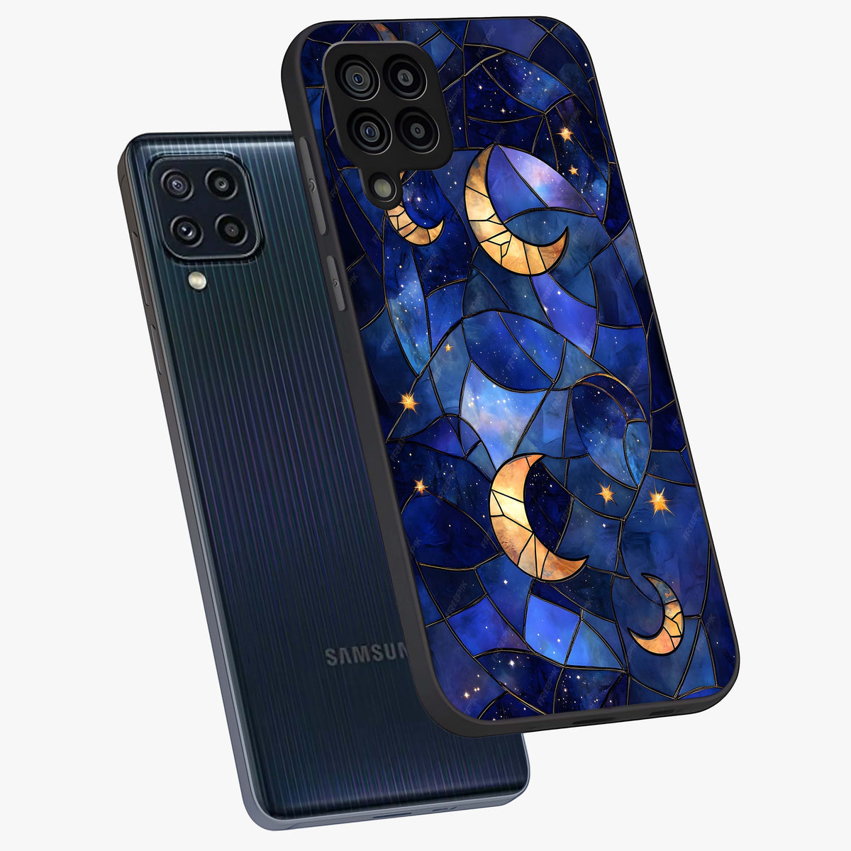 Starlit Sky Tapestry Glass Case displayed in angled mockup highlighting celestial night pattern with artistic aesthetic style.
