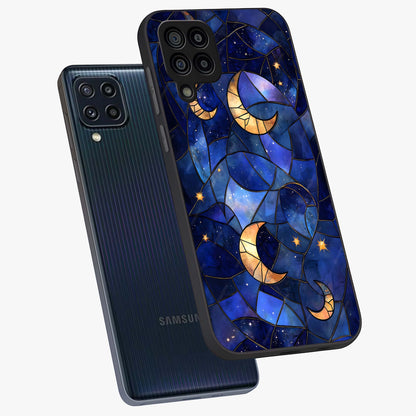 Starlit Sky Tapestry Glass Case displayed in angled mockup highlighting celestial night pattern with artistic aesthetic style.
