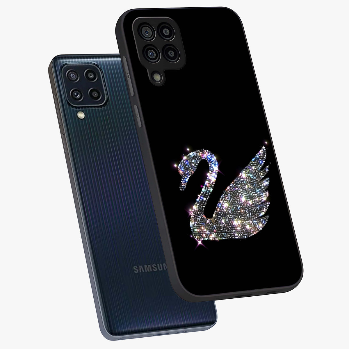 Starlit Swan Grace Glass Case displayed in angled mockup highlighting elegant swan illustration with dreamy celestial aesthetic.