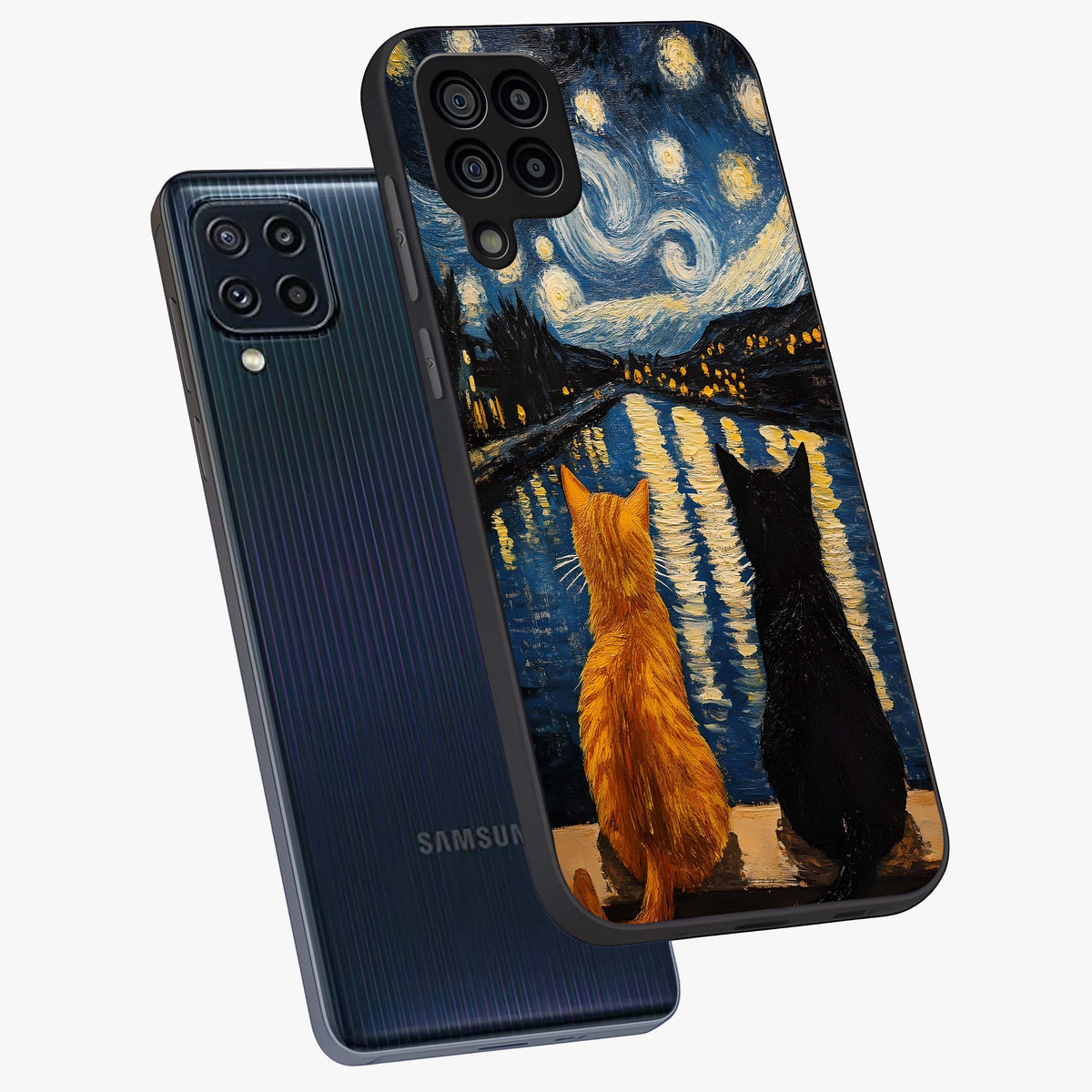 Starry River Cats Glass Case displayed in angled mockup highlighting charming feline illustration with dreamy night aesthetic.