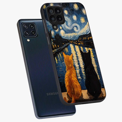 Starry River Cats Glass Case displayed in angled mockup highlighting charming feline illustration with dreamy night aesthetic.