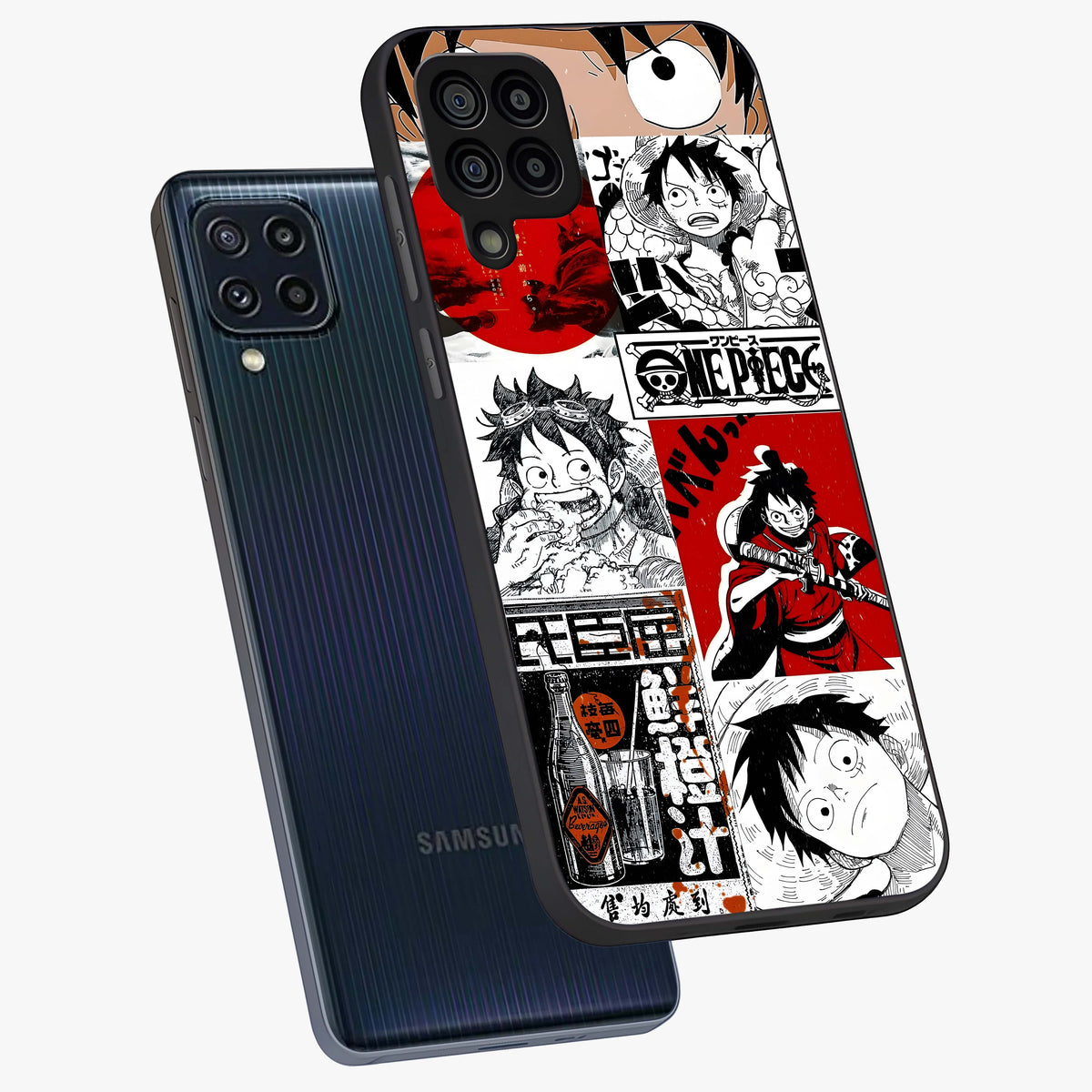 Strawhat Chaos Panels Glass Case displayed in angled mockup highlighting vibrant anime collage design with action aesthetic.