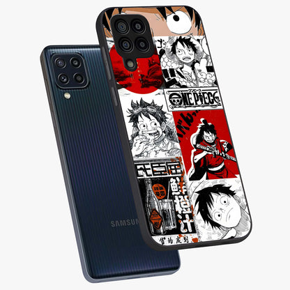Strawhat Chaos Panels Glass Case displayed in angled mockup highlighting vibrant anime collage design with action aesthetic.
