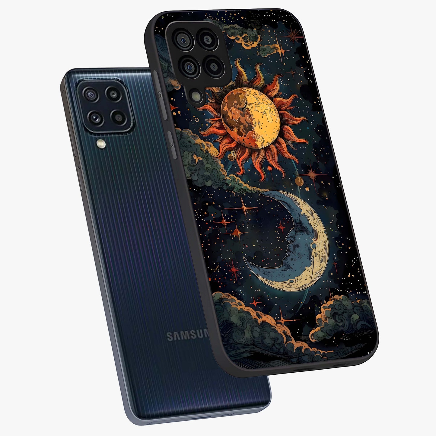 Sun And Moon Magic Design Glass Case displayed in angled mockup highlighting celestial design with magical cosmic aesthetic.