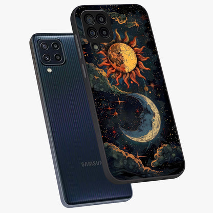 Sun And Moon Magic Design Glass Case displayed in angled mockup highlighting celestial design with magical cosmic aesthetic.