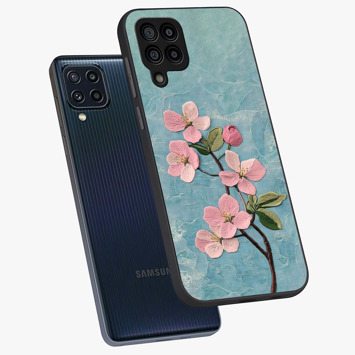 Threaded Blossom Breeze Glass Case displayed in angled mockup highlighting elegant floral design with soft aesthetic style.
