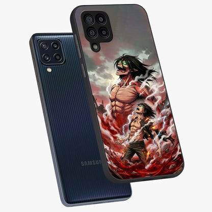 Titan Awakening Fury Glass Case displayed in angled mockup highlighting dramatic giant warrior design with bold anime aesthetic.