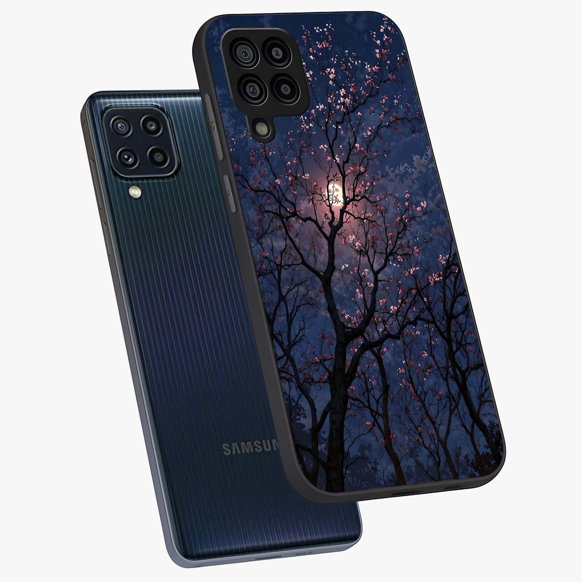 Twilight Sakura Serenade Glass Case displayed in angled mockup highlighting delicate sakura flower design with dreamy aesthetic.